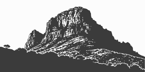 Black and white silhouette of a rugged rocky cliff mountain peak against white background © Gf