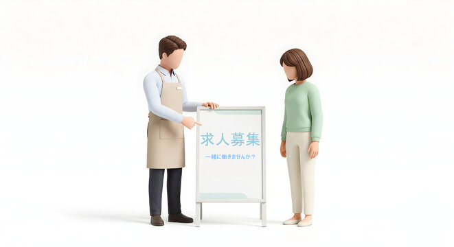 スーパーマーケットの求人案内看板と店員と求職者女性の3Dイラスト
