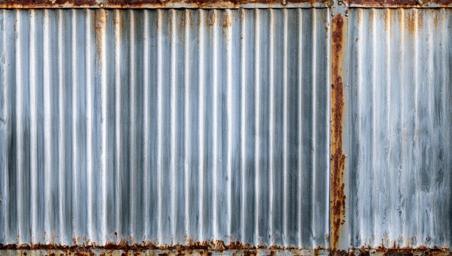 Close-up of weathered, corrugated metal sheeting with prominent rust streaks