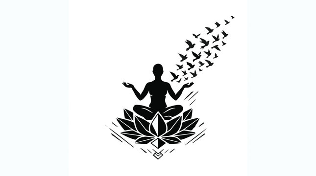 yoga meditation silhouette, lotus flower, birds flying free
