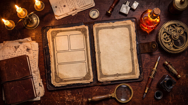 Vintage steampunk investigator workspace with antique books, compass, gears, and quill pen on wooden desk