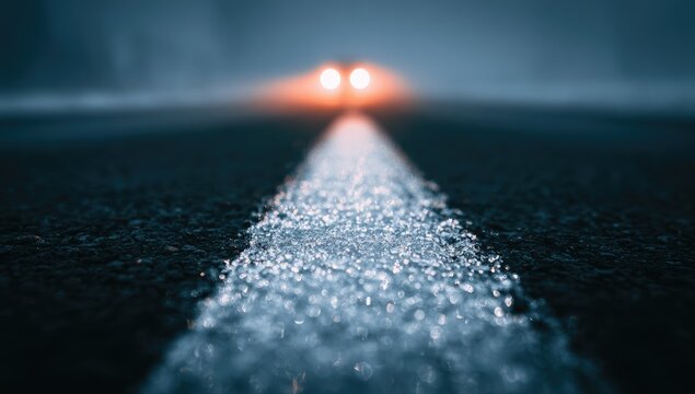 Dim headlights pierce foggy road