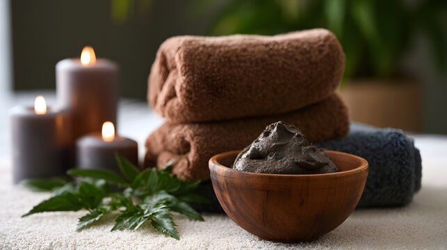 A wooden bowl filled with dark volcanic clay mud sits beside folded towels and lit candles on a soft surface