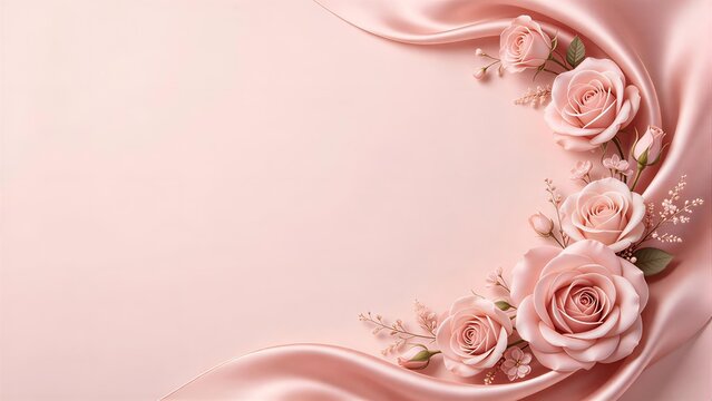Luxury floral border graphic with graceful soft blush pink artificial rose flowers and blossoms, delicate sage green leaves and stems, elegant flowing silk satin fabric drapery, pale pink background