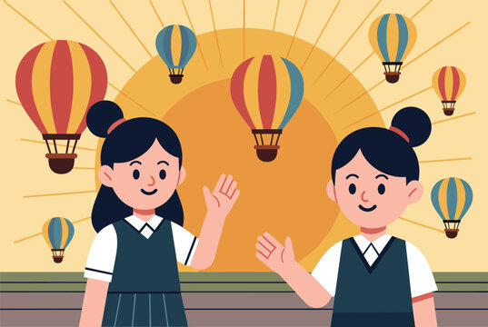 Two happy young schoolgirls in uniform waving during a sunset with colorful hot air balloons in the background.
