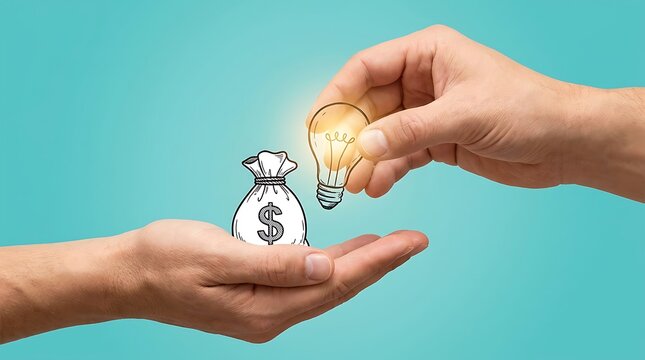 Hand offering glowing light bulb for money bag representing investment in business ideas and crowdfunding concept