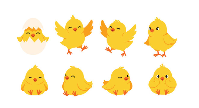 Comprehensive set of eight adorable yellow cartoon chicks in various poses including hatching, dancing, sitting, and winking.