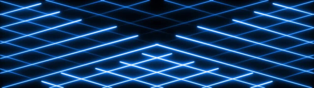 Blue neon glowing grid lines abstract background, futuristic digital technology motion cyberpunk cyber space perspective loop