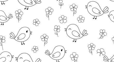 Naklejka premium Charming seamless pattern of small birds and simple flowers in a black and white line art style for coloring or design.