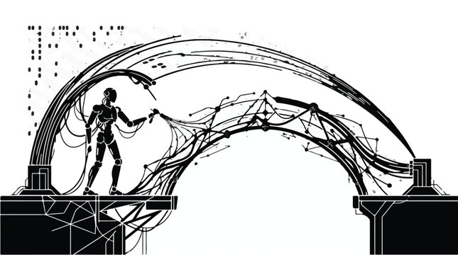 man standing on bridge with abstract network lines and data flow