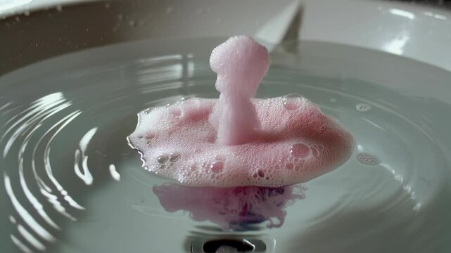 Fizzy bath bomb dissolving in water. Round cosmetic product creating foam bubbles and colored stream in basin. Spa relaxation and bath ritual wellness concept.