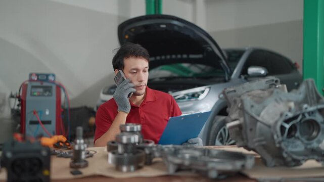Mechanic speaks on phone to estimate the price of used car spare parts. He wears gloves, red shirt, focused expression. Tools and engine pieces lie scattered on workbench.