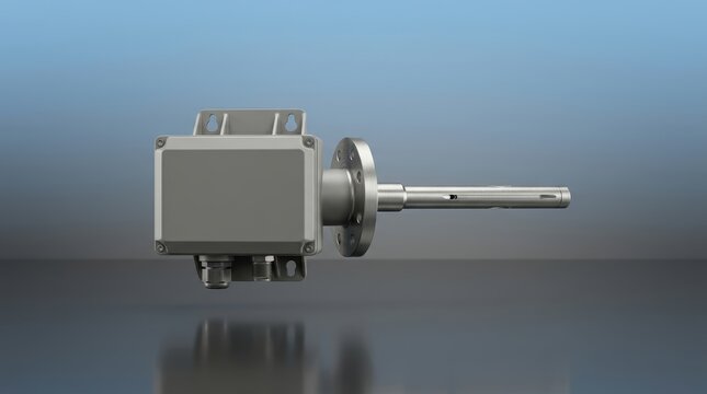 Duct flow meter 3D render, HVAC airflow measurement instrument, ventilation duct sensor, industrial air monitoring device, pipeline airflow meter, engineering testing equipment