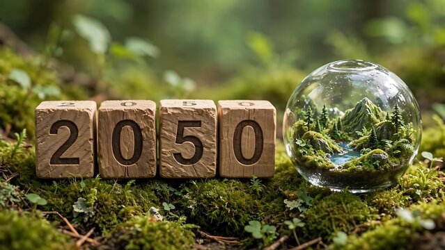 Vision of 2050 sustainable future with miniature forest in glass orb