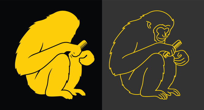 Chimpanzee silhouette and outline graphic illustration with chimpanzee, wildlife
