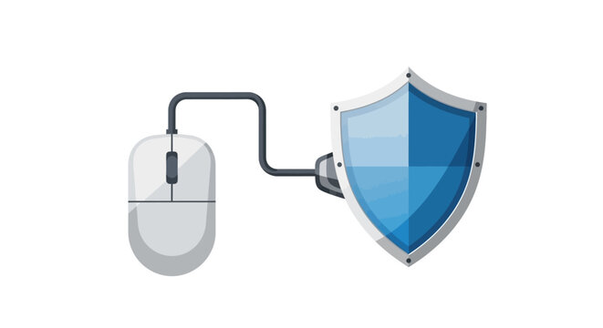 Cyber Security Concept: Computer Mouse Connected to Protective Shield, Vector Illustration of Internet Safety and Data Protection