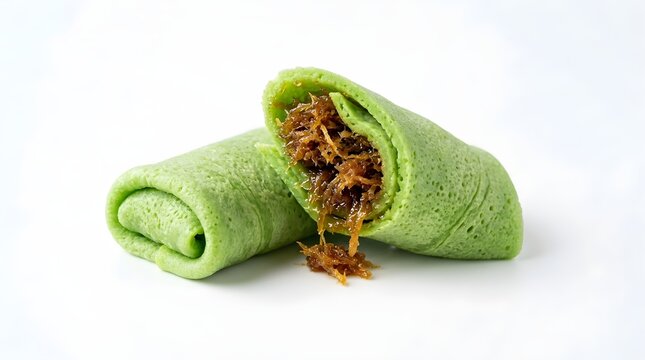 Indonesian Kue Dadar Gulung Sweet Green Pandan Pancake Filled with Grated Coconut and Palm Sugar