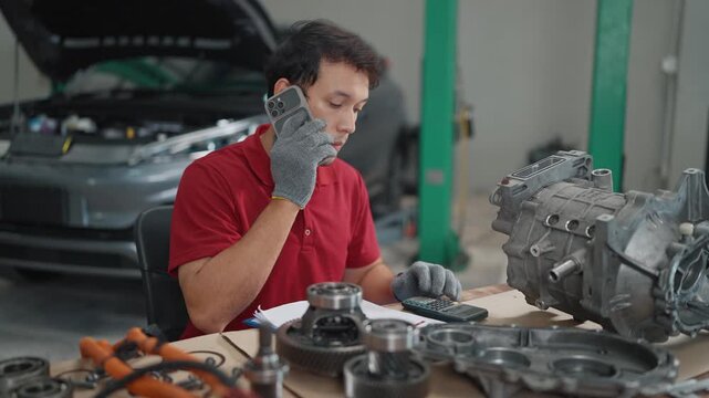 Mechanic speaks on phone to estimate the price of used car spare parts. He wears gloves, red shirt, focused expression. Tools and engine pieces lie scattered on workbench.