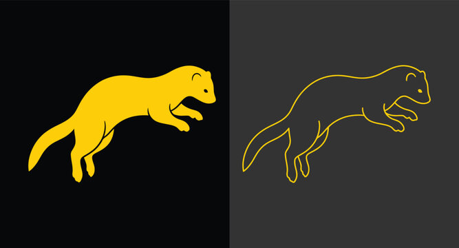Minimalist ferret silhouette and line art graphic icons with mustelid, wildlife