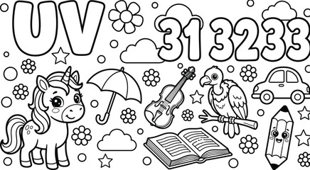 Alphabet coloring worksheet for kids with letters u and v featuring unicorn violin vulture. © Sana