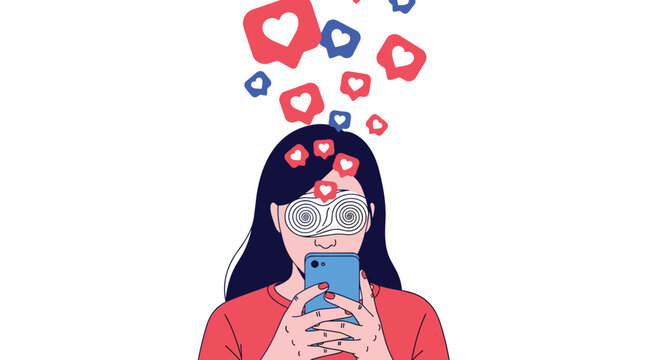 Young girl looking at her smartphone with hypnotic eyes while social media like heart icons float above her head in a modern concept.