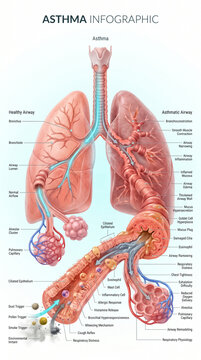 Detailed medical infographic showing the anatomical differences between a healthy human lung and an airway affected by chronic asthma inflammation