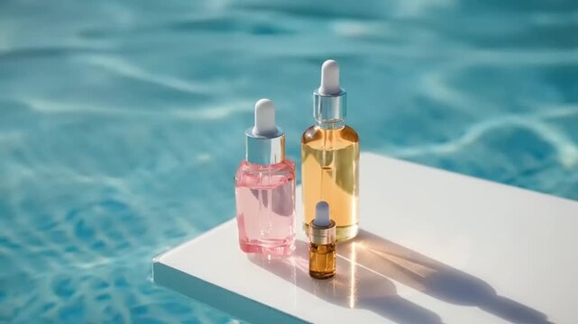 Bottles of liquid by the pool.