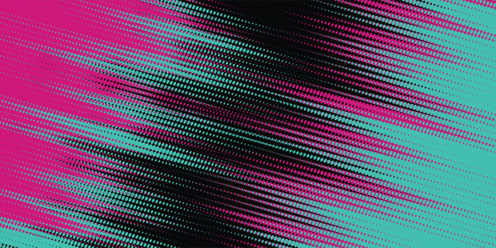 Abstract pink and teal halftone dot pattern background. Dynamic neon diagonal halftone wave texture, duotone vector illustration for modern tech poster, music banner, or cyber backdrop.