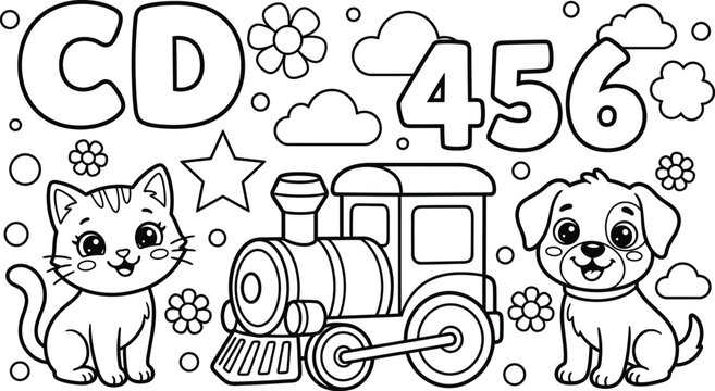 Cute cartoon coloring page for kids featuring cat dog and train with letters and numbers.