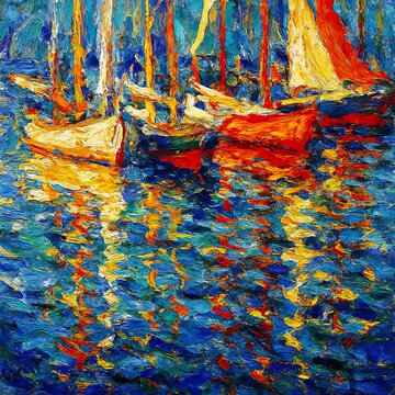 Vibrant impasto painting of wooden boats reflecting in the bright blue harbor water