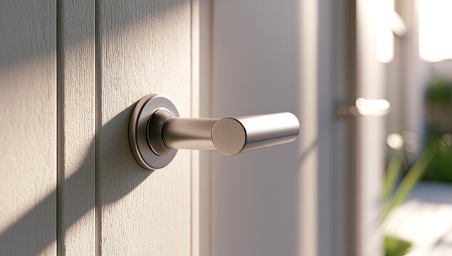 Close-up of a modern, brushed metal door handle against a light-colored door
