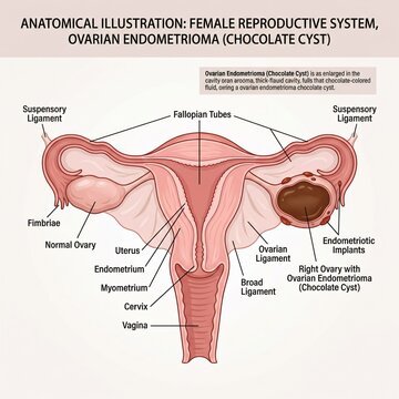 Anatomical illustration of female reproductive system with ovarian endometrioma