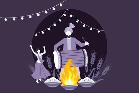 Punjabi cultural festival celebration with a man playing the dhol drum and a woman dancing next to a bonfire.