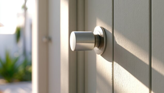 Close-up of a modern metal door handle casting a shadow in warm sunlight