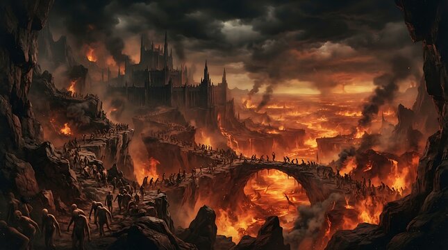 Epic Fantasy Landscape of a Burning Dark Kingdom with Silhouettes of People Crossing a Stone Bridge Amidst Fire and Ruin
