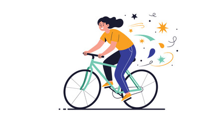 Fototapeta premium Happy energetic young girl riding green bicycle fast with colorful decorative stars and trail in the background.