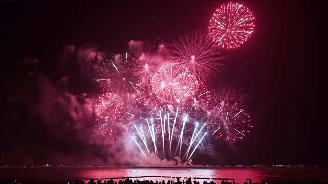 Colorful Fireworks Display Illuminating The Night Sky Over The Ocean In Pattaya Chon Buri Thailand