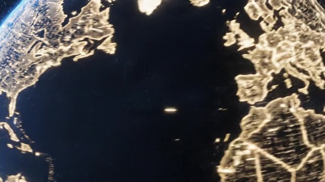 A nighttime satellite view shows illuminated city lights across North America and Europe continents.