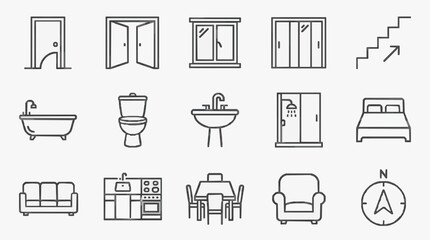 Professional Minimalist Line Drawing Icons Set of Home and Bathroom Essentials with Navigation Compass © Asun