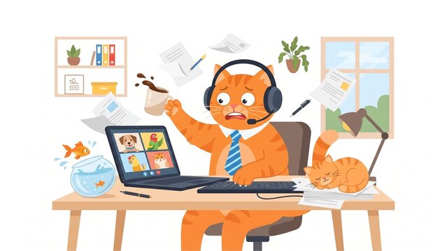 Stressed Cartoon Cat Working from Home Multitasking at Desk with Coffee Spill and Video Call Illustration