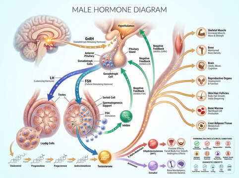 Detailed male hormone diagram illustrating the complex biological feedback loop between the human brain and the reproductive system for education