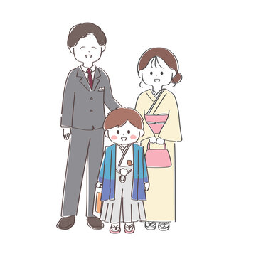 5歳の男の子と両親の七五三のお祝いイラスト