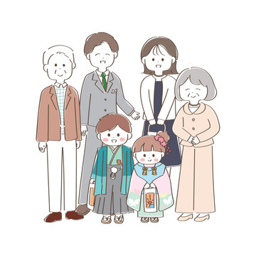 3世代家族の七五三のお参り風景のイラスト