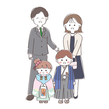 4人家族の日本の七五三のお参り風景のイラスト