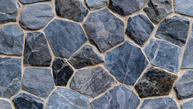 Close-up of an irregular stone wall, with varying shades of gray and rough textures
