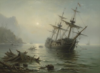 Obraz premium Grand old ship sits stranded among driftwood in hazy bay