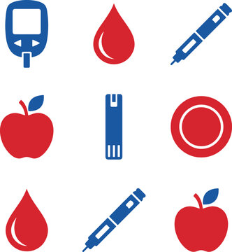 Medical icons for diabetes care featuring glucose meter blood drop indicators insulin pens and healthy fruit choices.