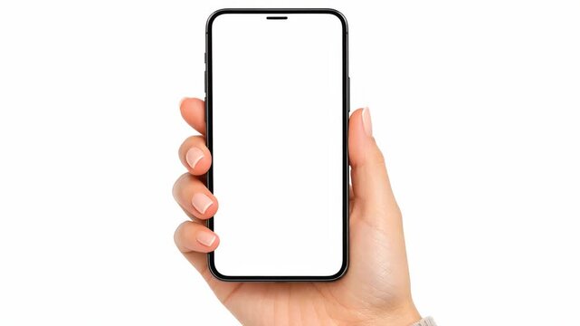 Hand holds smartphone with blank screen against white background. Device shows no branding or text, ideal for design or advertising use. Clean, minimalistic setup emphasizes the phone's modern look