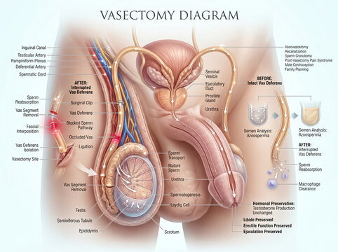 Detailed medical illustration showing the anatomy of a vasectomy procedure with labels explaining the surgical process and reproductive system functions