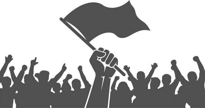 Crowd silhouette raising hands together with one central fist holding a waving blank flag vector art illustration